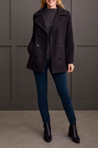EMBELLISHED DBL BREASTED PEACOAT-BLACK, Size: M, Colour: BLACK