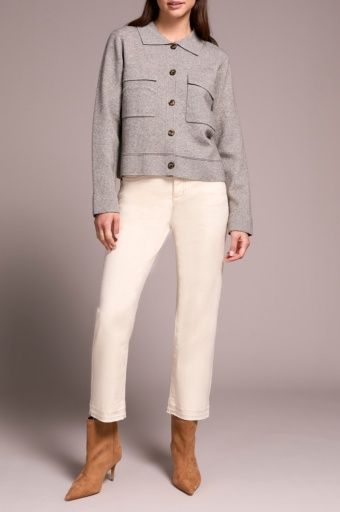 DOUBLE KNIT COLLARED SWEATER CARDIGAN-GREY MIX, Size: L, Colour: GREY MIX, Season: FALL 2025