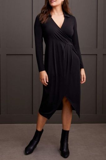 L/S FAUX WRAP DRESS-BLACK
