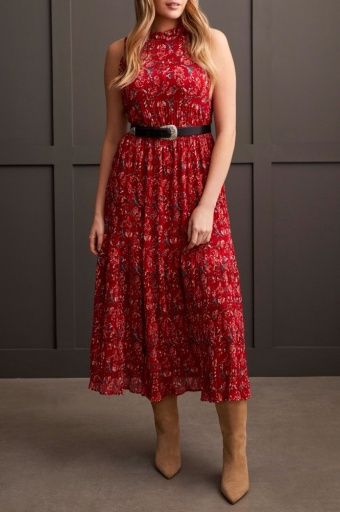 PRINTED PLISSE HALTER MAXI DRESS-SCARLET
