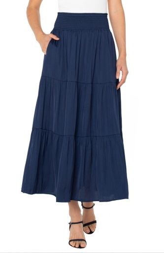 tiered woven maxi skirt w/ smocked waist, Colour: dark navy, Size: S