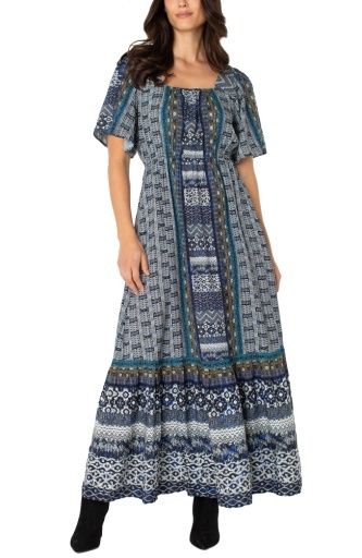 elbow slv square neck woven maxi dress, Size: S