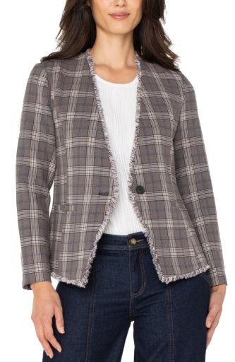 collarless fitted blazer w/ fray 26&quot;, Size: S