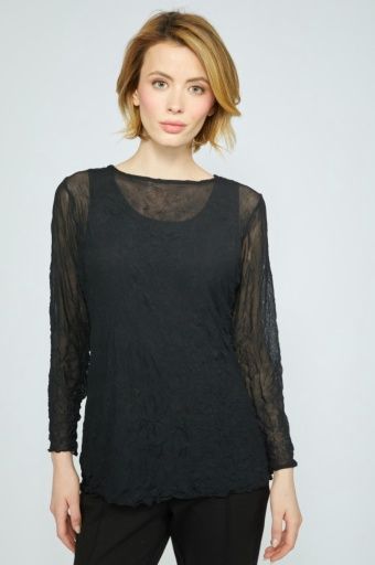 CRINKLE MESH RUCHED LAYERING TEE F25O, Size: S