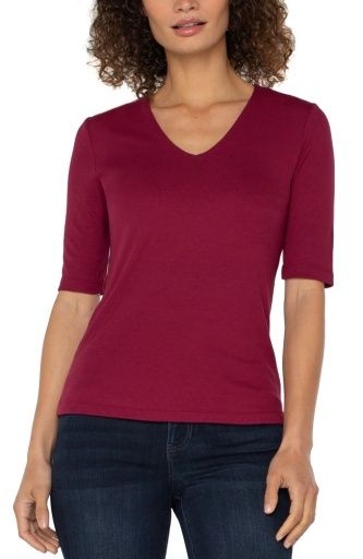 1/2 slv v-neck double layer front knit top, Colour: cherry, Size: S