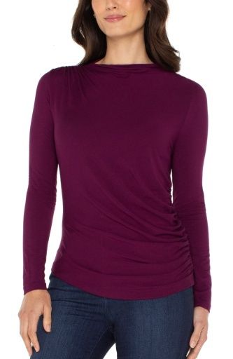 long slv mock neck knit top w shirring, Colour: wine berry, Size: S