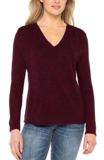 long slv vneck knit top w. shirring, Colour: maroon melange, Size: S