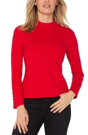long slv mock neck knit top w/ button detail, Colour: tango red, Size: S