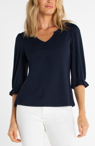 elbow sleeve notch knit tee, Colour: dark navy, Size: S