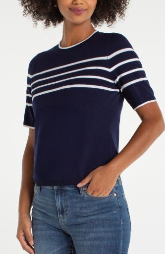 short sleeve  crew neck sweaters, Colour: navy/wht stripe, Size: S