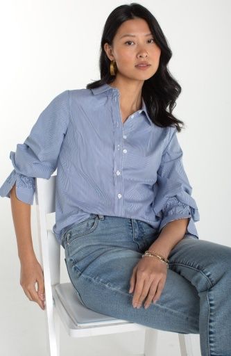 adjustable slv button front woven top, Colour: blu/wht stripe, Size: L