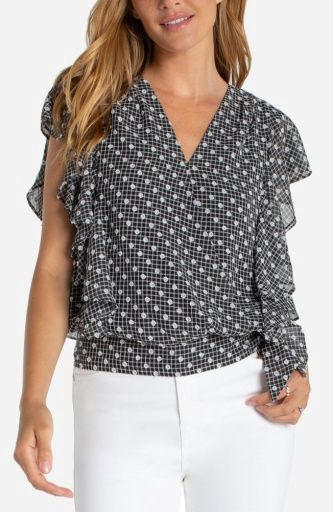 short ruffle sleeve draped front woven blouse, Size: S