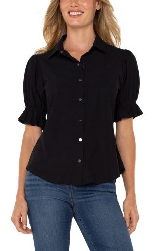elbow puff sleeve snap front knit shirts, Colour: black, Size: S