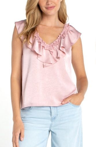 ruffle front sleeveless woven to knit top, Colour: lt rose, Size: S