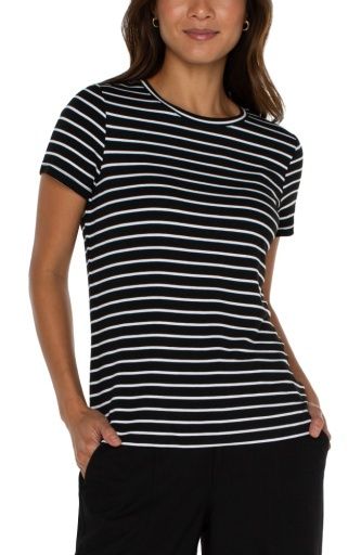 short sleeve crew neck classic knit tee, Colour: blk w wht strpe, Size: S