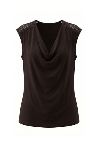 draped neck slvless knit tpo w/ lace, Colour: java, Size: S