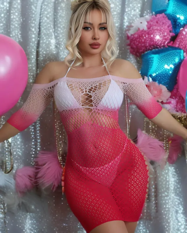 Fishnet Dress S/L - Pink/Red