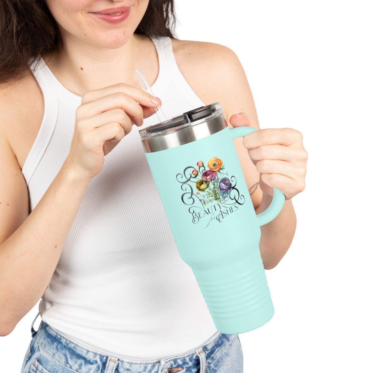  Beauty for Ashes Floral Bouquet Insulated Travel Mug - 40oz | Reusable Coffee Mug with Straw | Perfect for On-the-Go Lifestyle