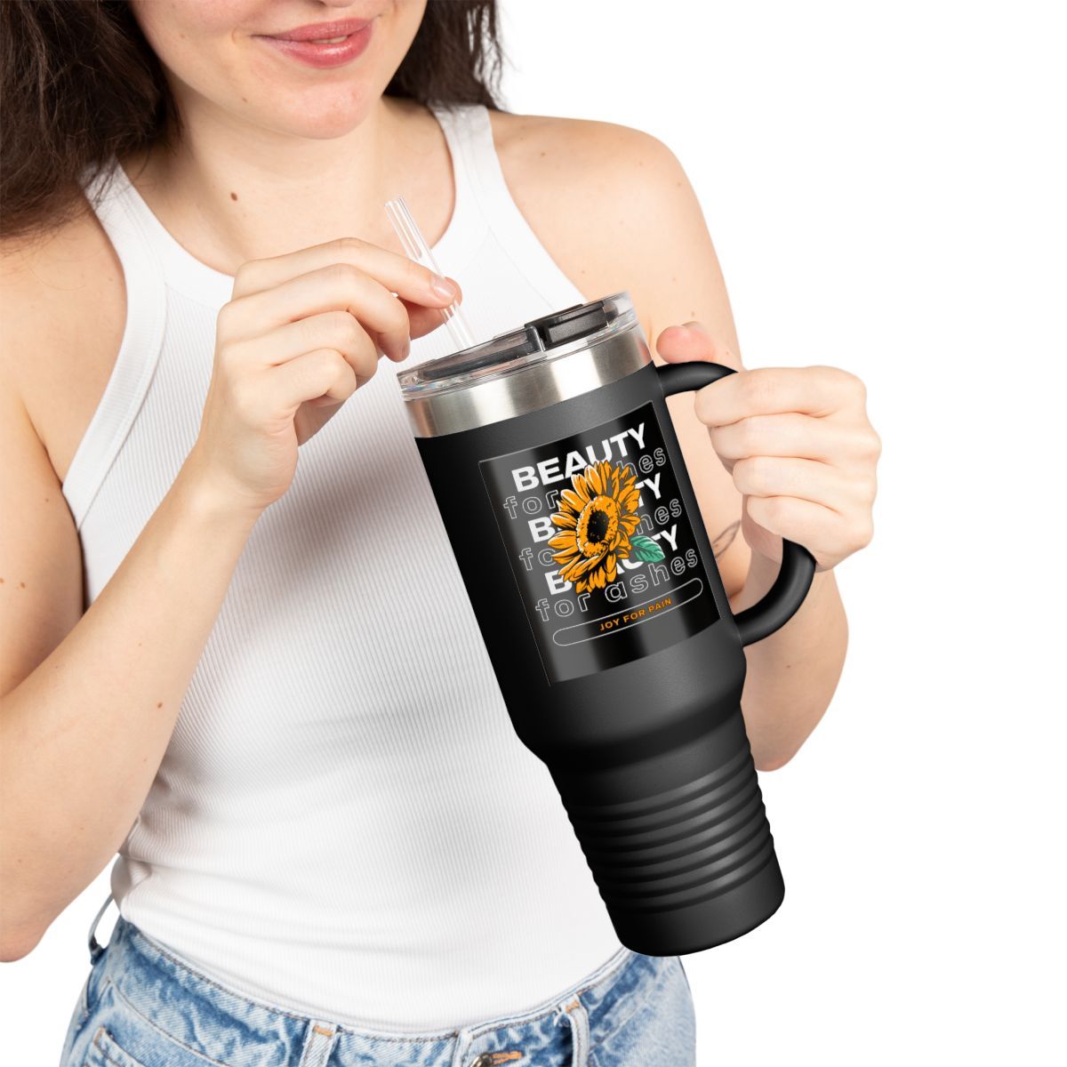 Beauty for Ashes Insulated Travel Mug - 40oz | Reusable Coffee Mug with Straw | Perfect for On-the-Go Lifestyle