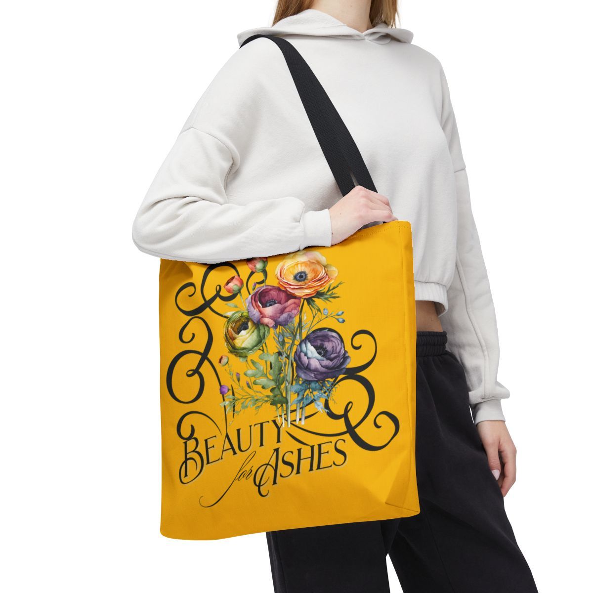 Beauty for Ashes Inspirational Tote Bag with Floral Bouquet