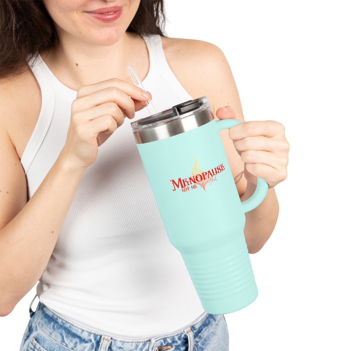 MENOPAUSE GOT ME HOT W/FLAME Insulated Travel Mug, 40oz