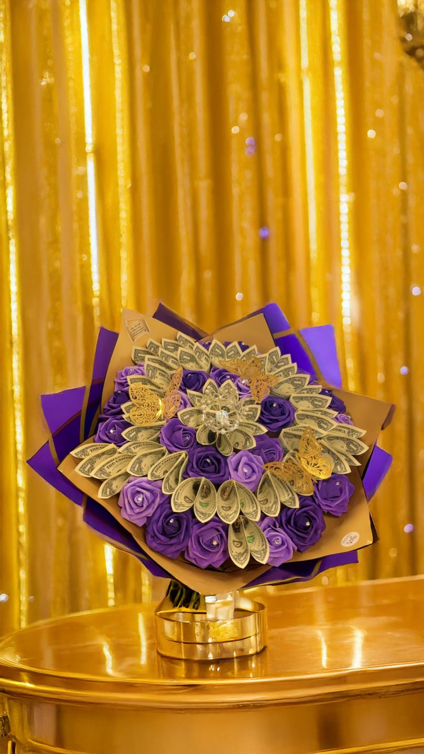 Purple &amp; Gold Classic Fold Luxury Money Bouquet (Made to order - please allow 10 business days lead time)