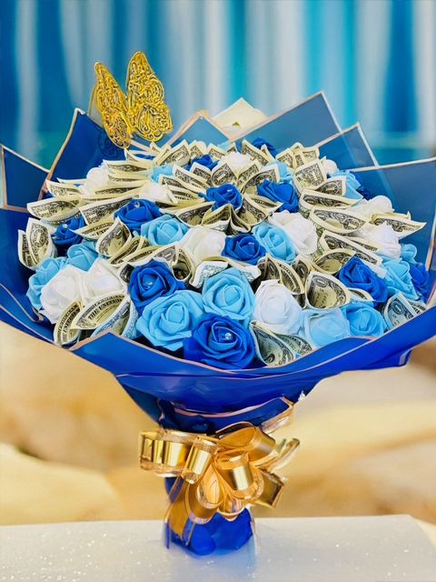 Ocean Blue in Gold Grand Luxury Money Bouquet (Made to order - please allow 10 business days lead time)