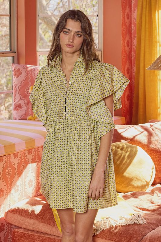 Electric Floral Ruffle Sleeve Dress