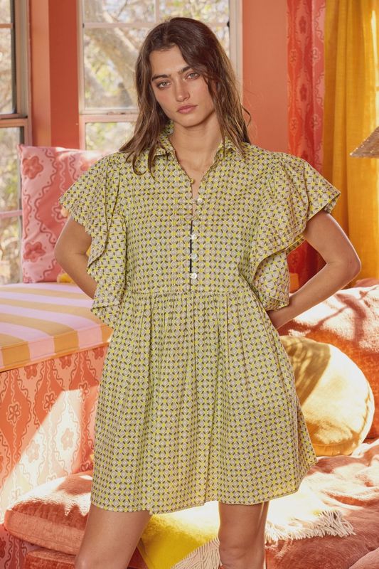 Electric Floral Ruffle Sleeve Dress
