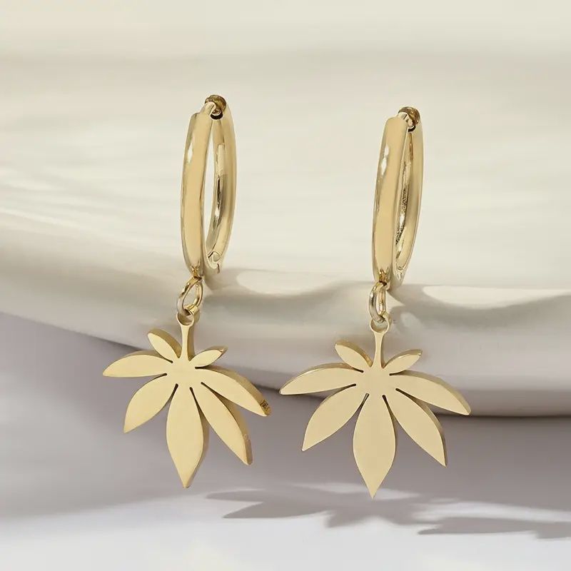 Small Hoop Earrings with Cannabis Leaf
