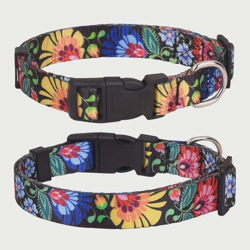 Floral Adjustable Dog Collar, Colour: Black, Size: S