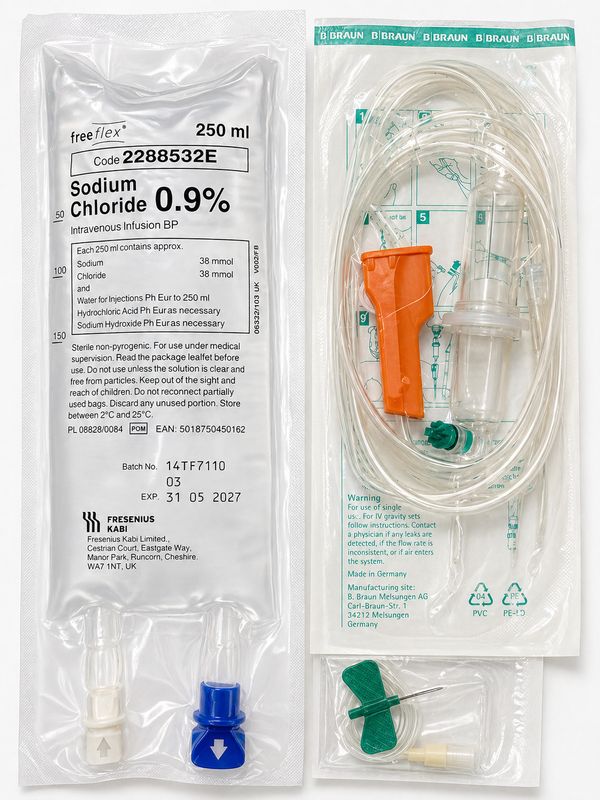 FULL IV DRIP INFUSION SET - WITH 250ML SALINE BAG, GIVING SET & BUTTERFLY FULL IV DRIP INFUSION SET - WITH 250ML SALINE BAG, GIVING SET & BUTTERFLY