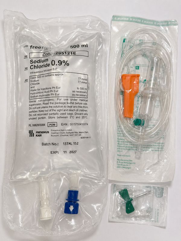 FULL IV DRIP INFUSION SET - WITH 500ML SALINE BAG, GIVING SET & BUTTERFLY FULL IV DRIP INFUSION SET - WITH 500ML SALINE BAG, GIVING SET & BUTTERFLY