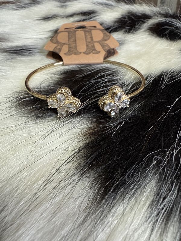 CZ 4-Leaf Clover Edge Solid Cuff Bangle Bracelet