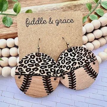 Wooden Round Leopard Baseball Earrings Moq 5pcs SP126