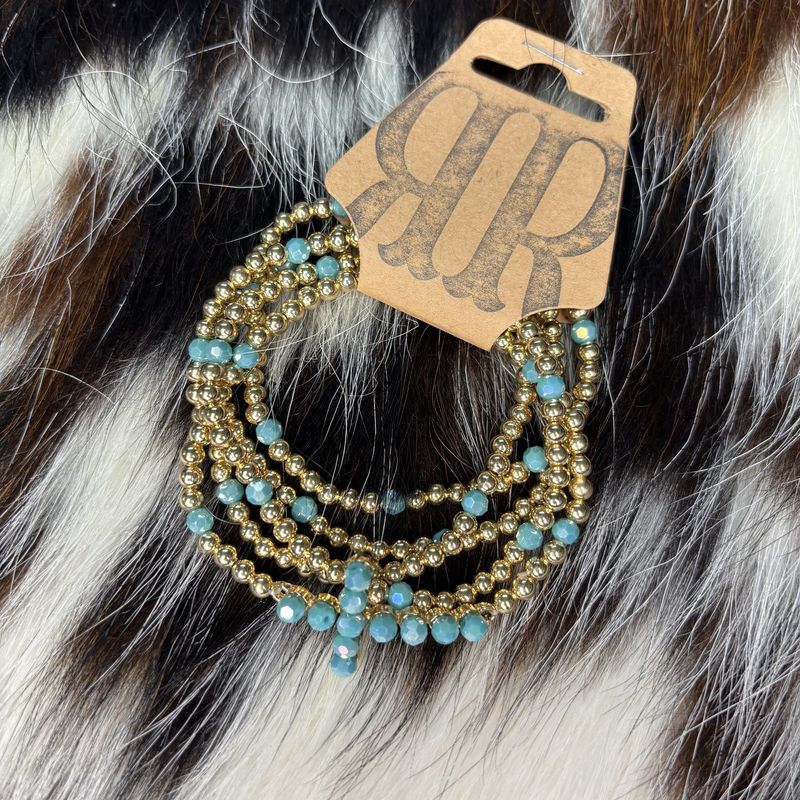 Gold Beaded and Turquoise Cross Set of 5 Stretch Bracelets