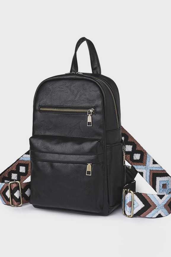 Aztec Strap Zipper Pu Leather Backpack, Color: Black
