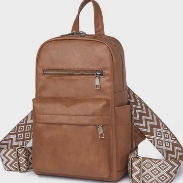 Aztec Strap Zipper Pu Leather Backpack