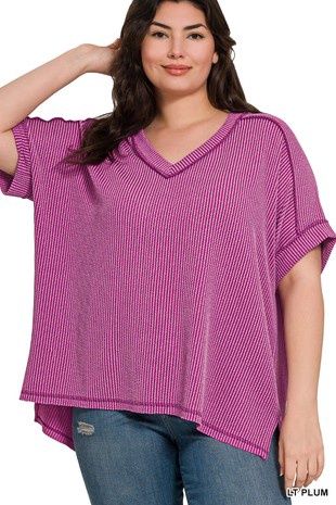 Plus Corded Rib Short Sleeve Hi-Low Hem Top