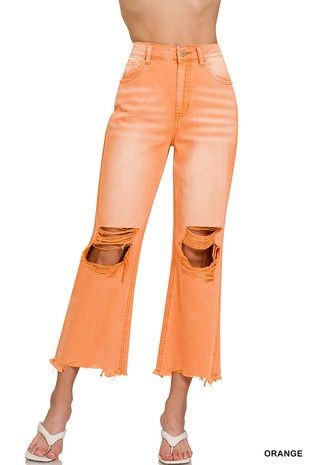 Waisted Distressed Knee and Hem Cropped Pants