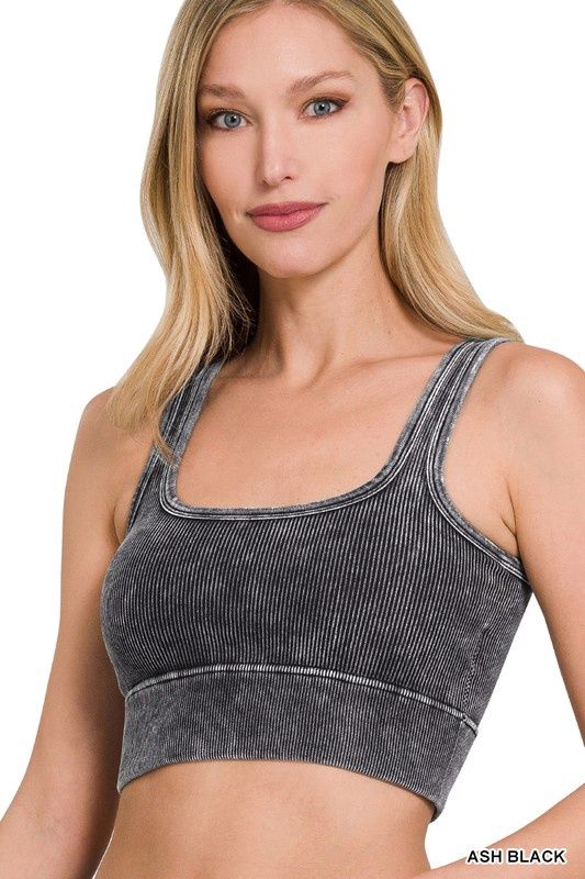 Washed Ribbed Seamless Square Neck With Bra Pads, Color: Ash Black, Size: S/M