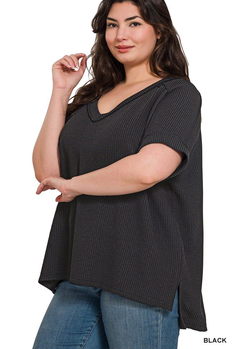 Corded Rib Short Sleeve Hi-Low V Neck Top, Color: Black, Size: S/M