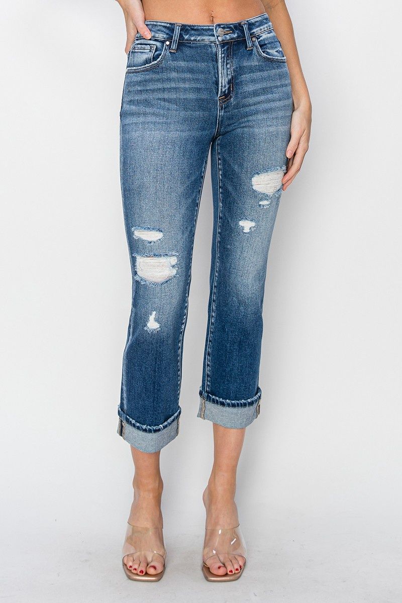 Mid Rise Ankle Straight Cuffed Jeans, Size: 1X