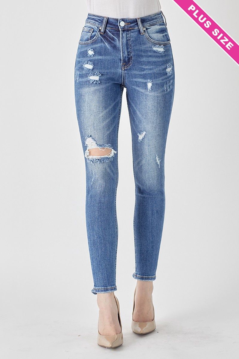 High Rise Ankle Skinny Distressed Jeans, Size: 1X