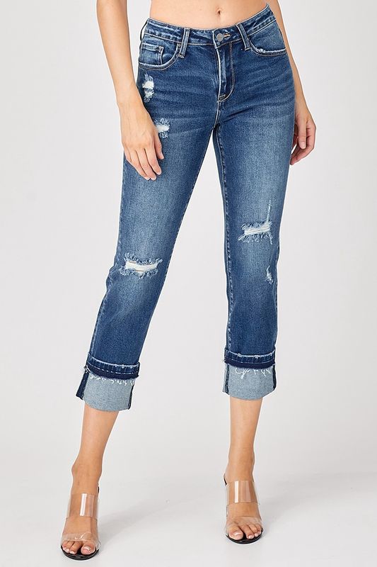 Mid Rise Crop Straight Slim Cuffed Jeans