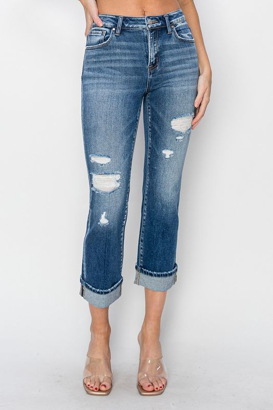Mid Rise Ankle Straight Cuffed Jeans