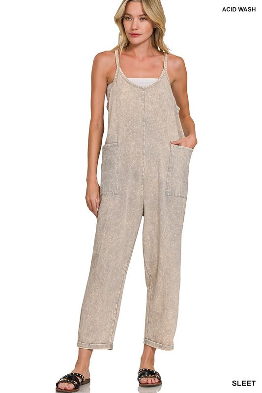 Washed Spaghetti Straps Overall With Pockets