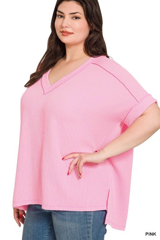 Corded Rib Short Sleeve Hi-Low V Neck Top