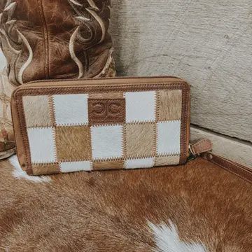 Checkered Cowhide Womens Wallet Wristlet - Brown