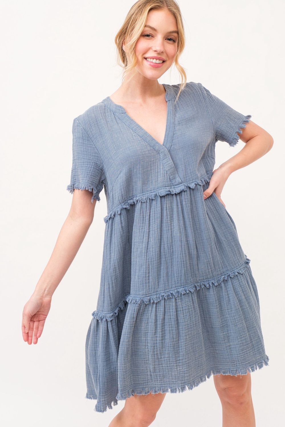 Washed Frayed Detail Tiered Dress, Size: 1X, Color: Blue